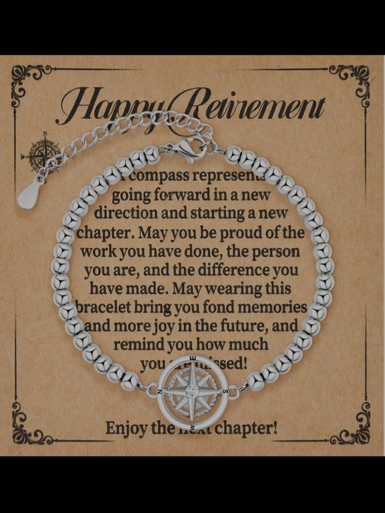 Jewelry - Compass Charm Silver Beaded "Happy Retirement" bracelet